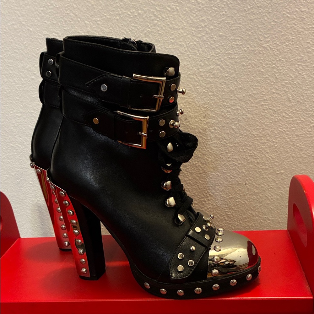 Whimsigoth Rock Studs Metal Toe Studded Black Ankle Boots Size 38